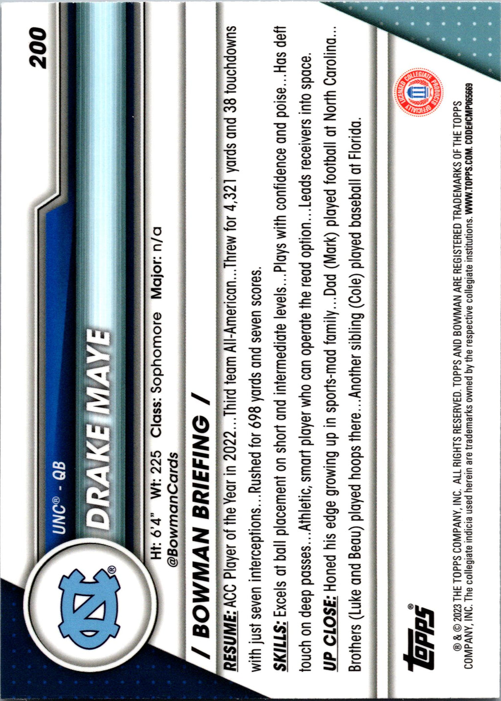 2023 Bowman University Chrome #200 Drake Maye