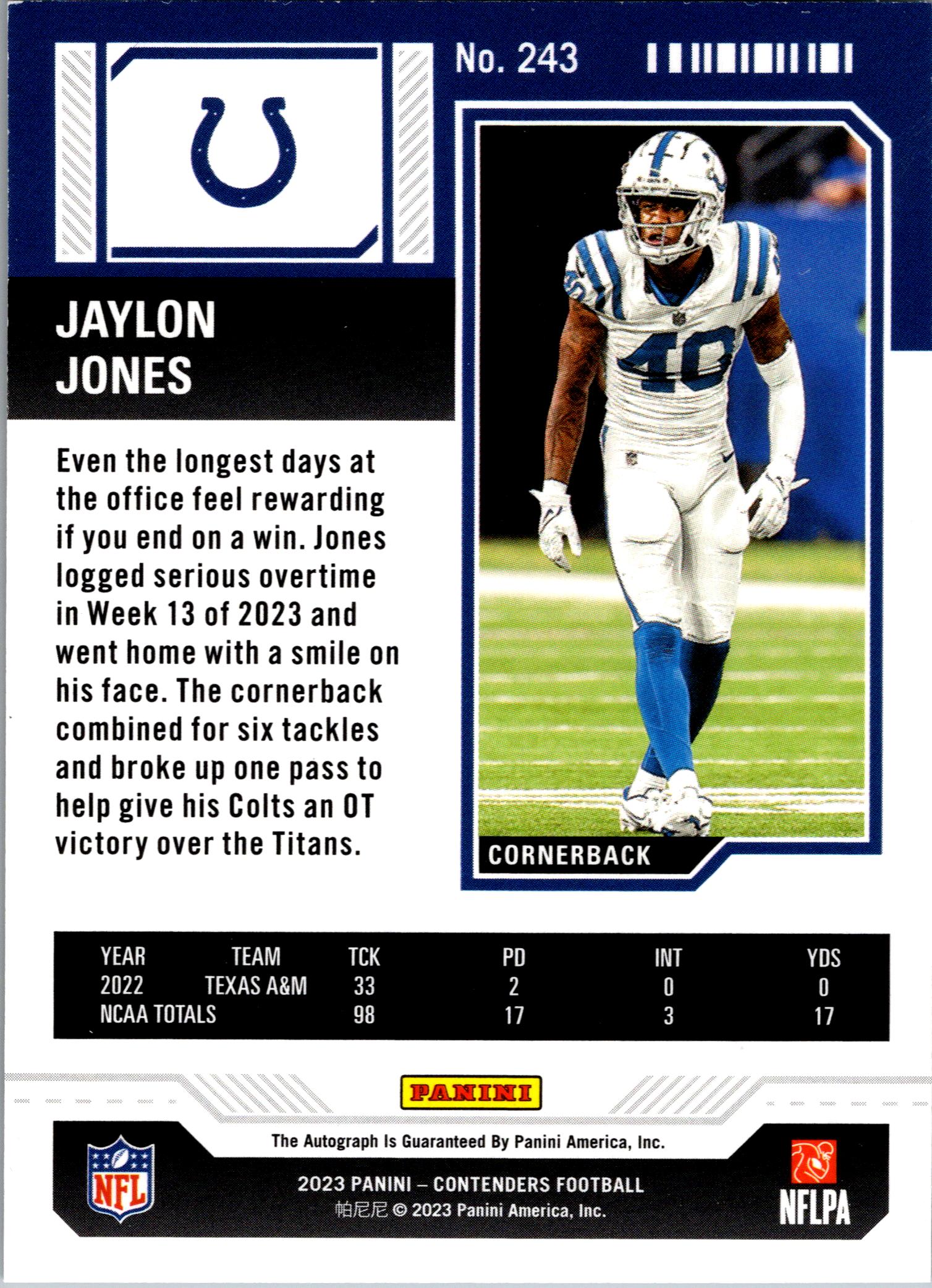 2023 Panini Contenders #243 Jaylon Jones Opening Kickoff (Green Laser) Ticket
