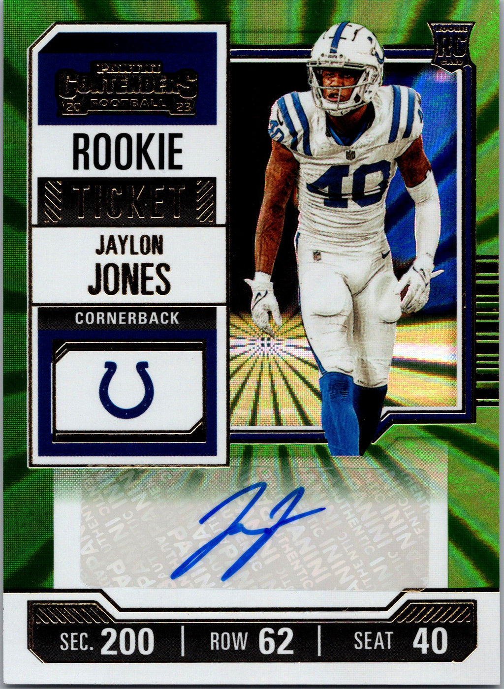 2023 Panini Contenders #243 Jaylon Jones Opening Kickoff (Green Laser) Ticket