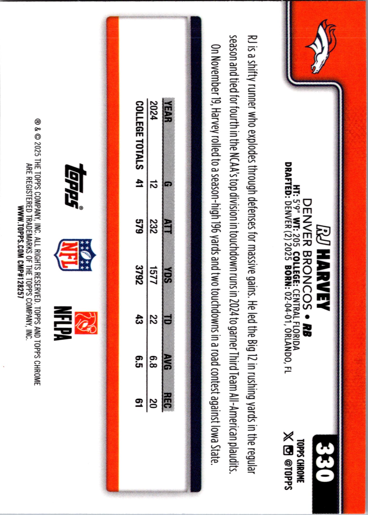 2025 Topps Chrome #330 RJ Harvey