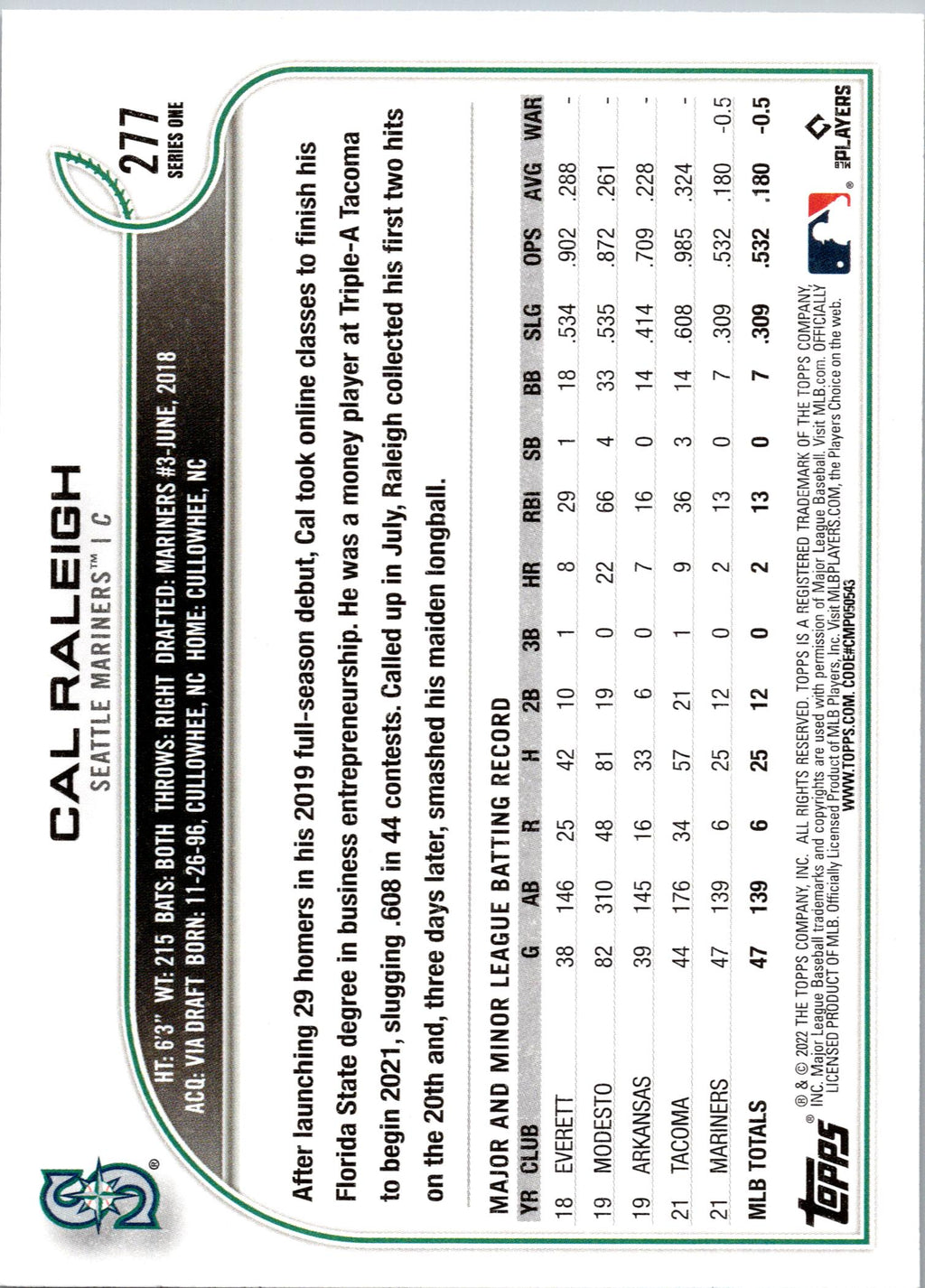 2022 Topps #277b Cal Raleigh