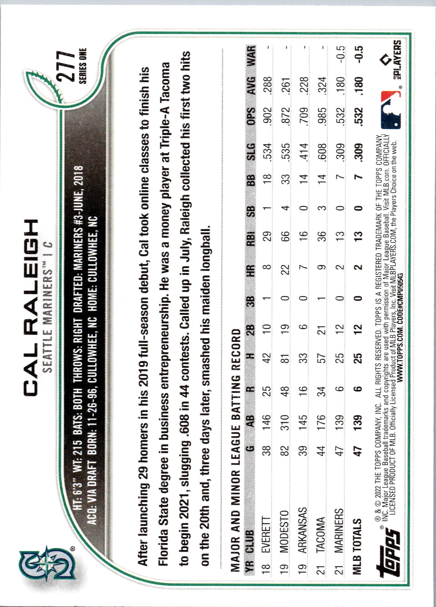 2022 Topps #277b Cal Raleigh