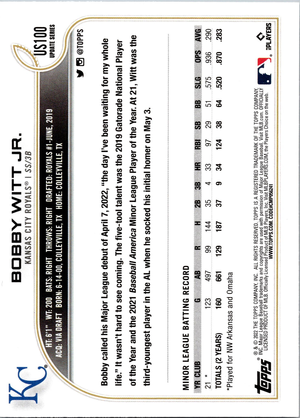 2022 Topps Update #US100 Bobby Witt Jr.