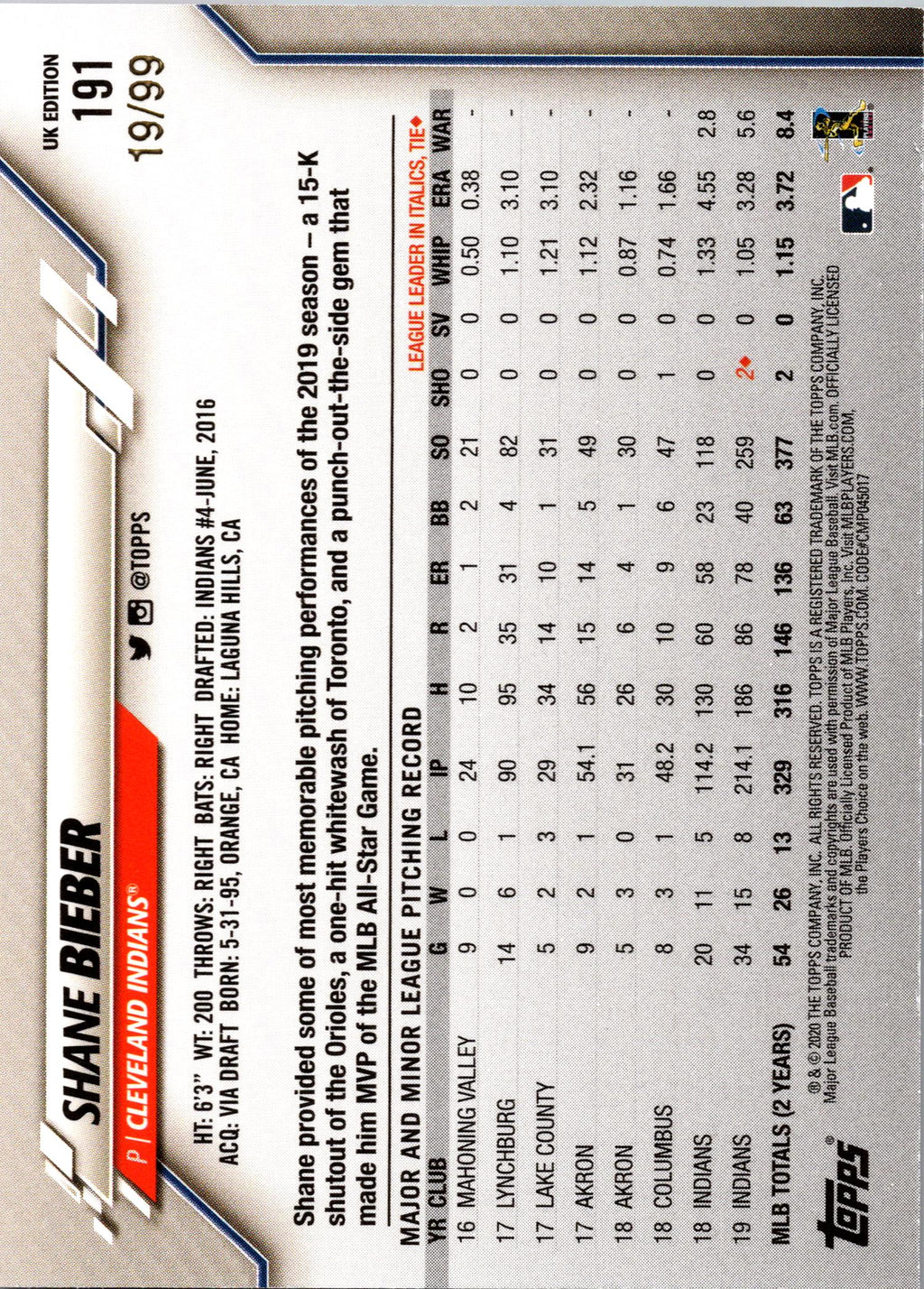 2020 Topps UK Edition #191 Shane Bieber