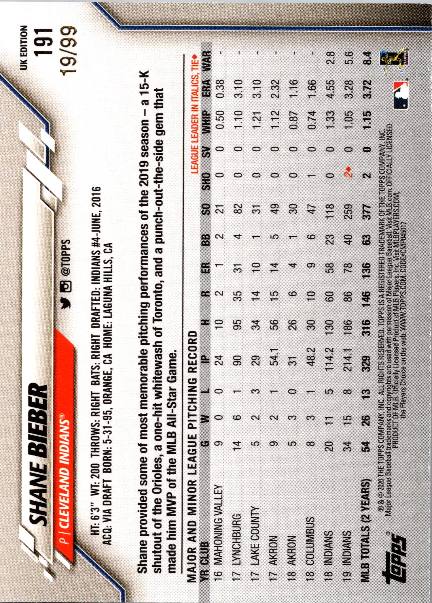 2020 Topps UK Edition #191 Shane Bieber