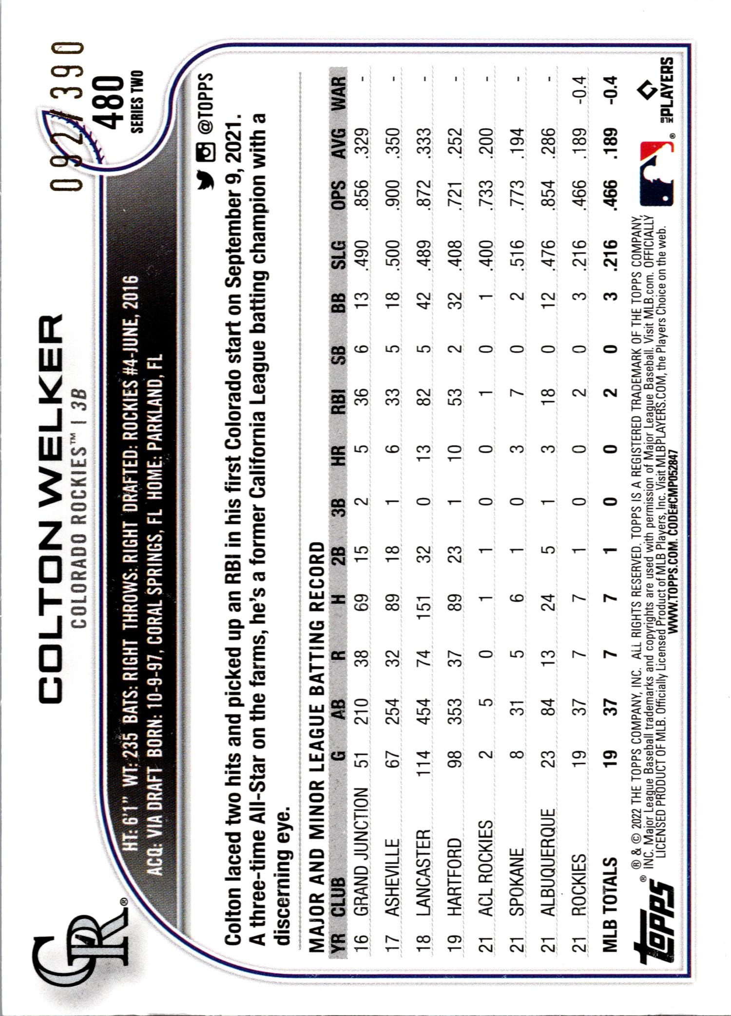 2022 Topps #480 Colton Welker Foilboard Hobby #/390