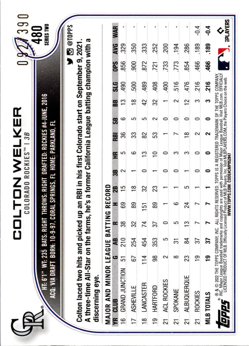 2022 Topps #480 Colton Welker Foilboard Hobby #/390