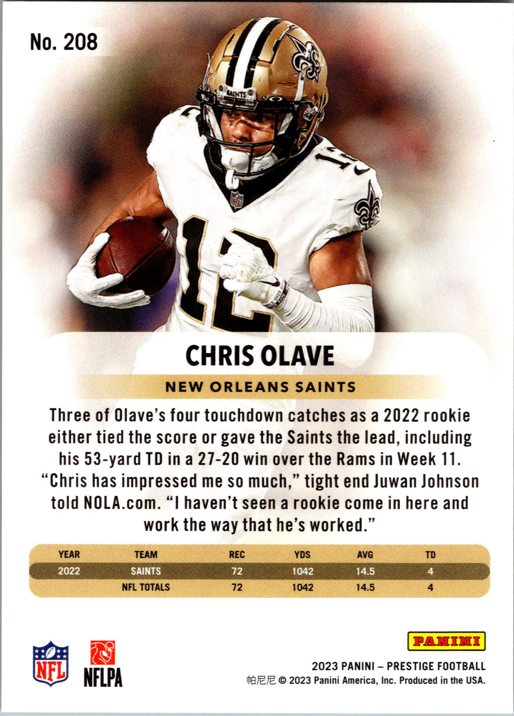 2023 Panini Prestige #208 Chris Olave Xtra Points Premium Gold #/75