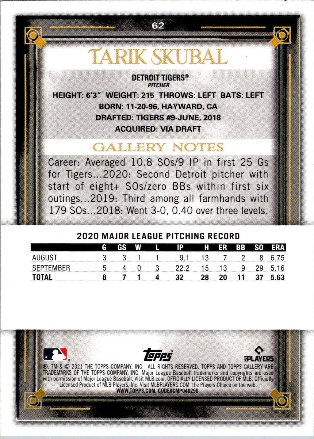 2021 Topps Gallery #62 Tarik Skubal