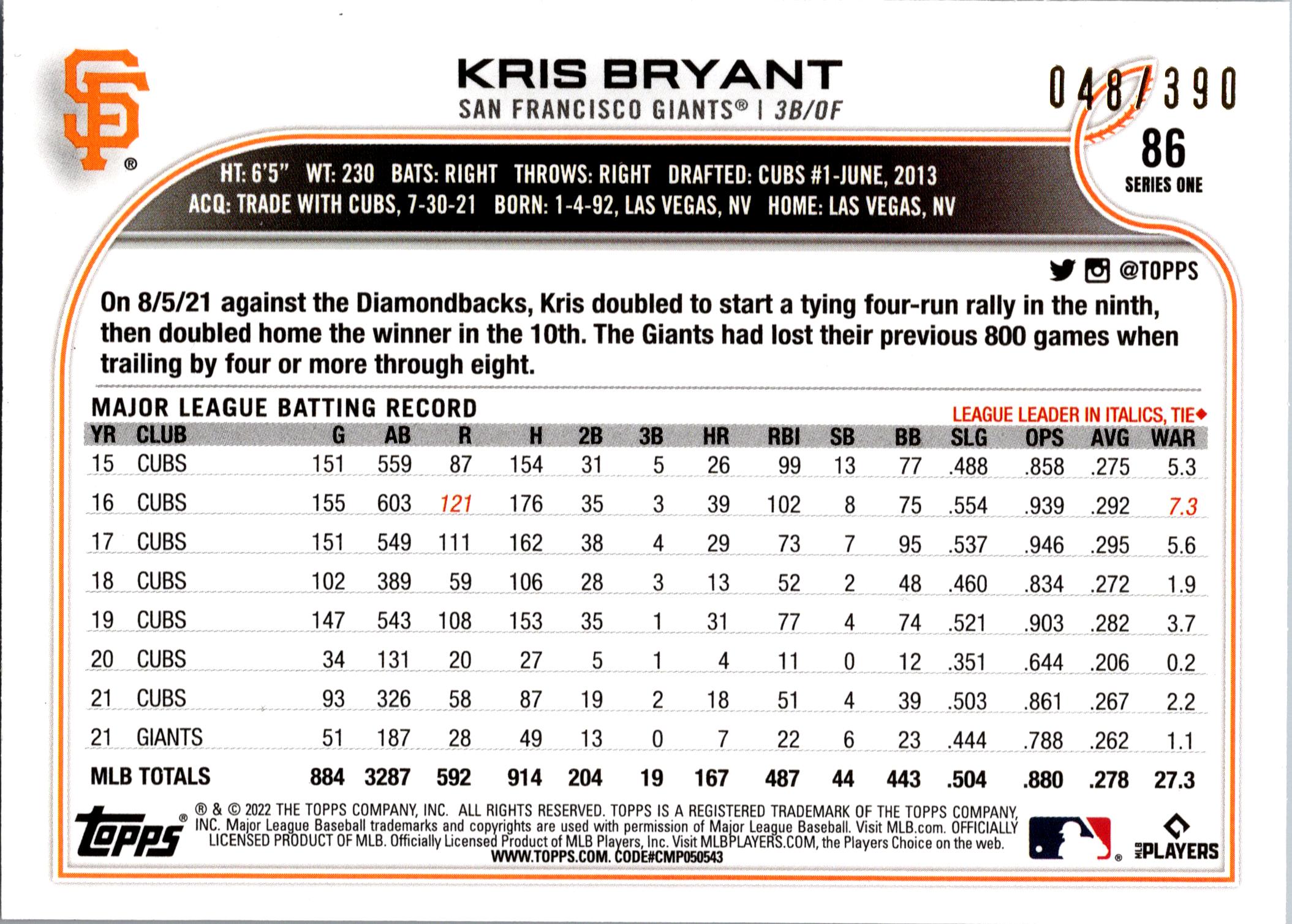 2022 Topps #86 Kris Bryant Foilboard Hobby #/390