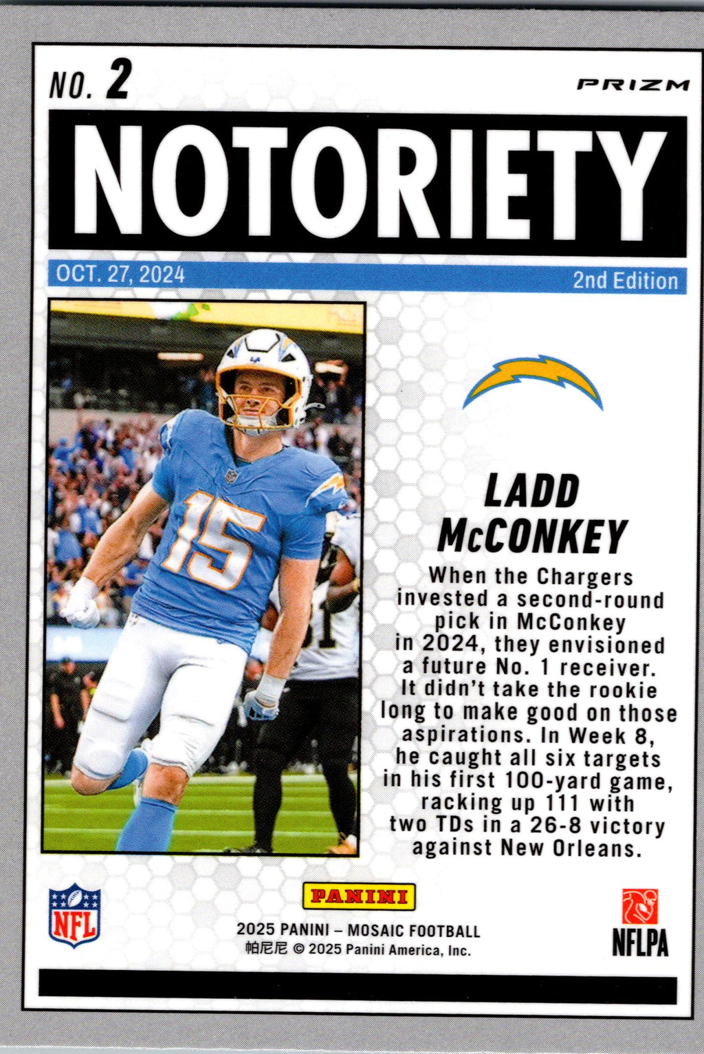 2025 Panini Mosaic #2 Ladd McConkey Notoriety Mosaic Green