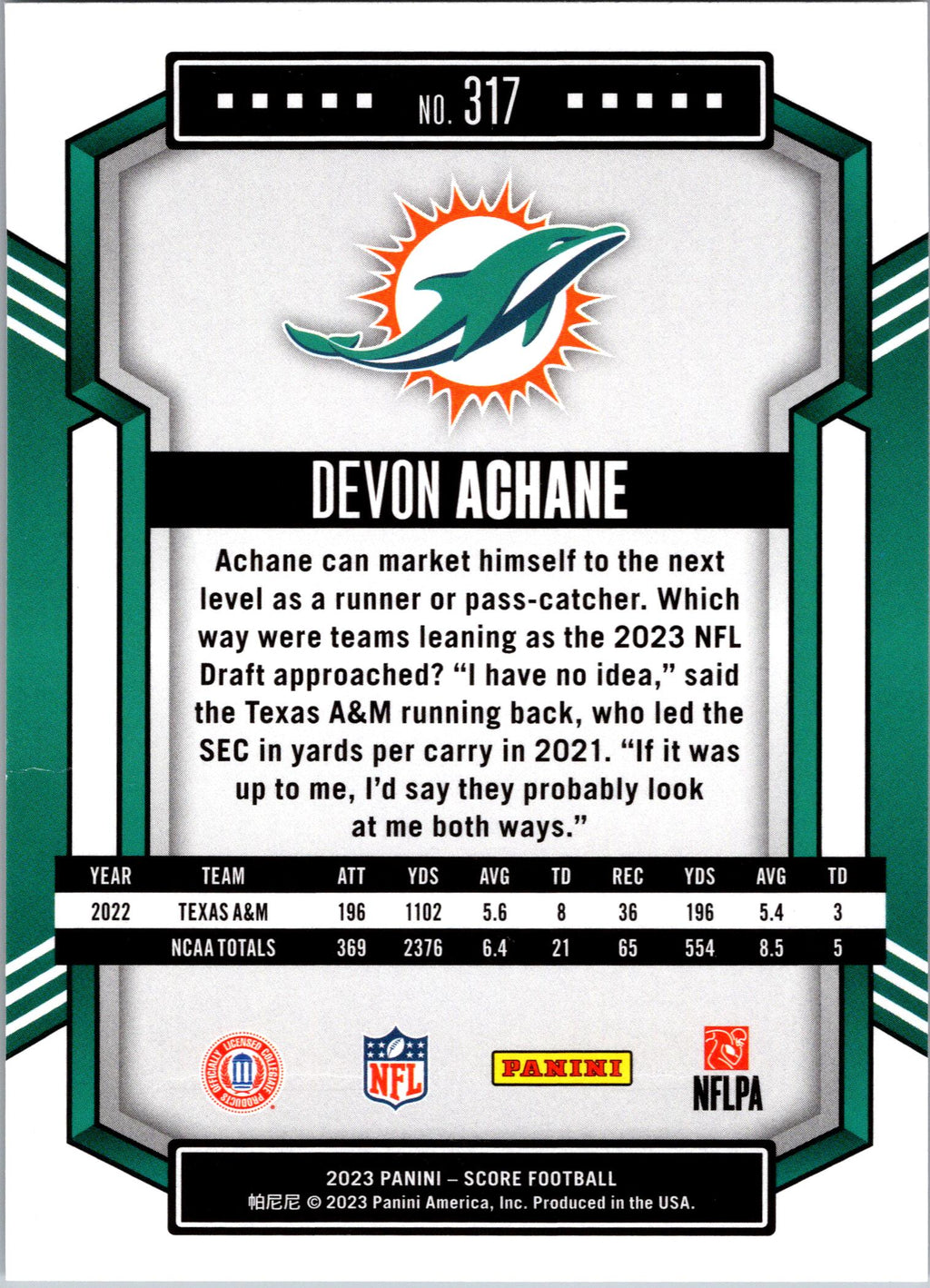2023 Score #317 De'Von Achane