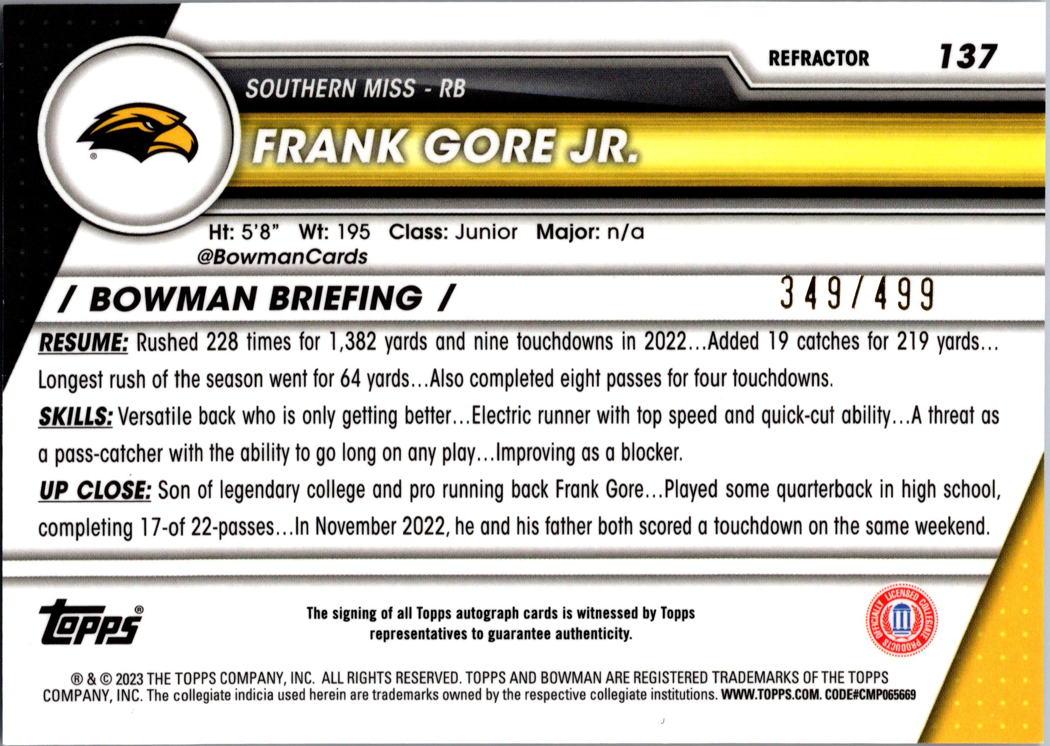 2023 Bowman University Chrome #137 Frank Gore Jr. Chrome Autographs #/499