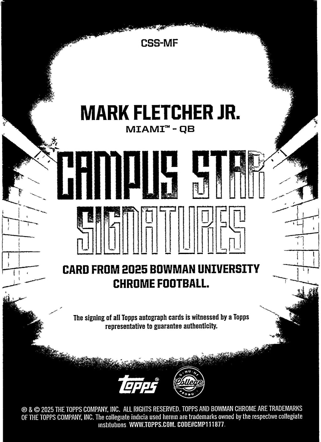 2025 Bowman University Chrome #CSS-MF Mark Fletcher Jr. Campus Star Signatures