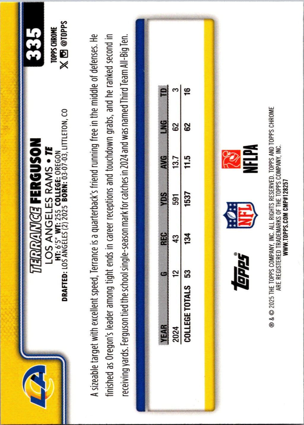 2025 Topps Chrome #335 Terrance Ferguson Touchdown