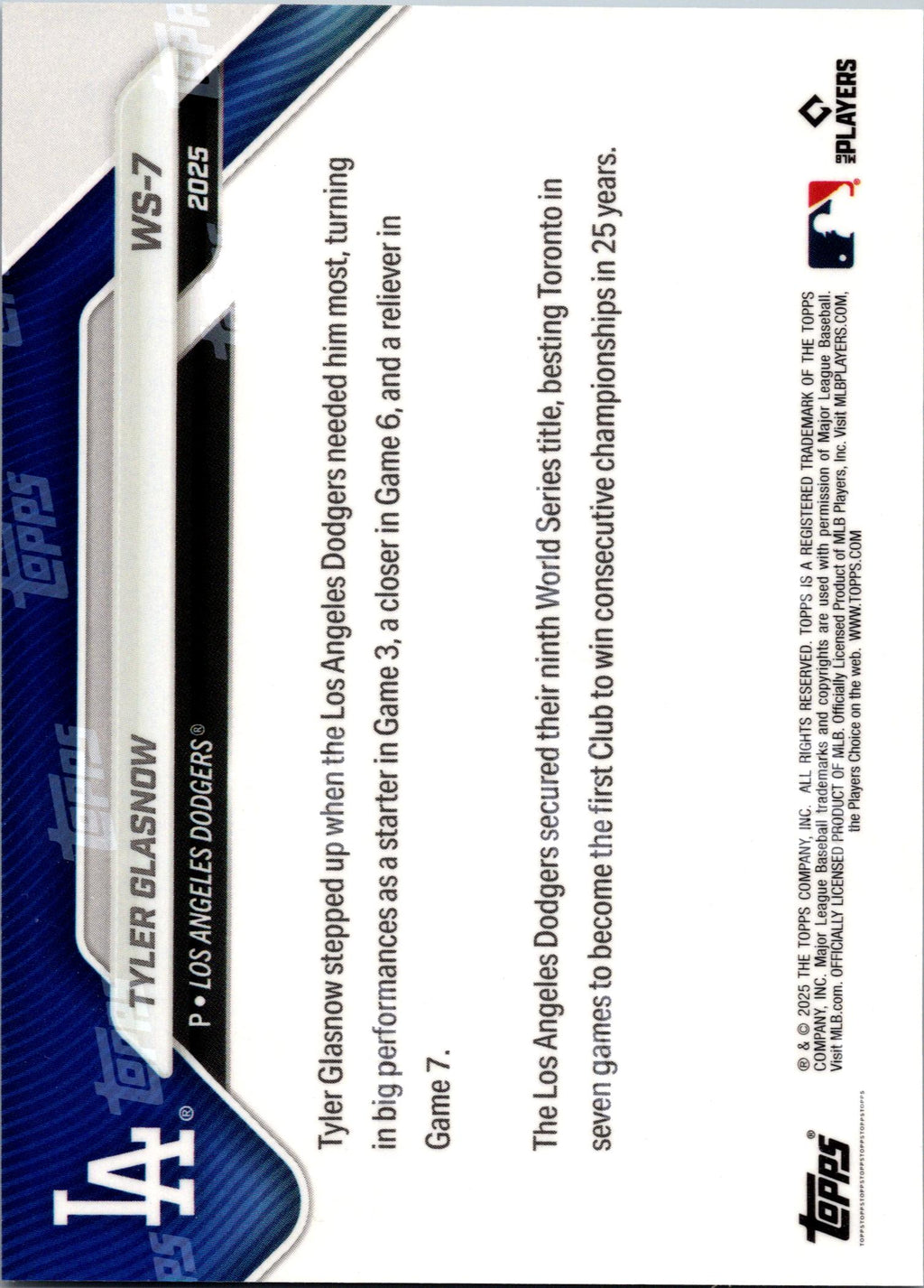 2025 Topps Now World Series Champions Los Angeles Dodgers #WS-7 Tyler Glasnow